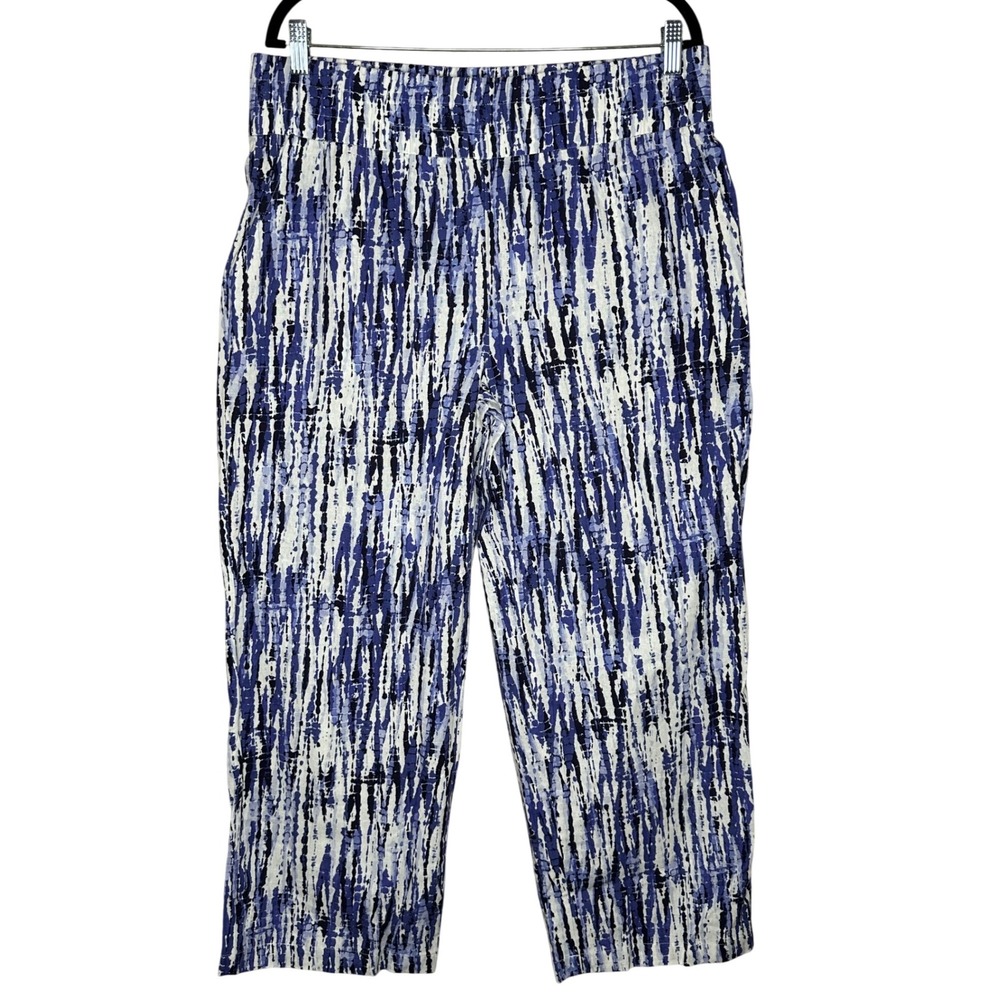 Land N Sea Women's Linen Blend‎ Wide Leg Pants Blue Print Size L Elastic Waist